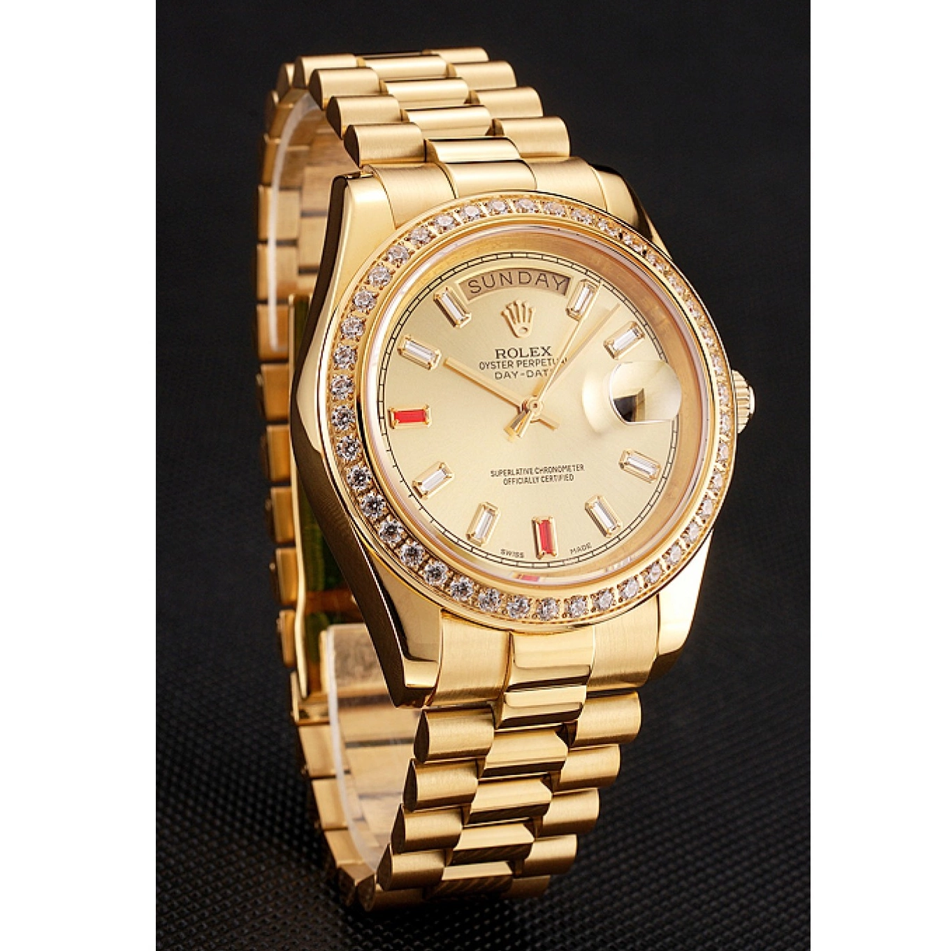 Best AAA Replica Sites 1454100 Champagne And Bracelet Swiss Rubies Dial Day-Date Diamonds Rolex Gold 0622